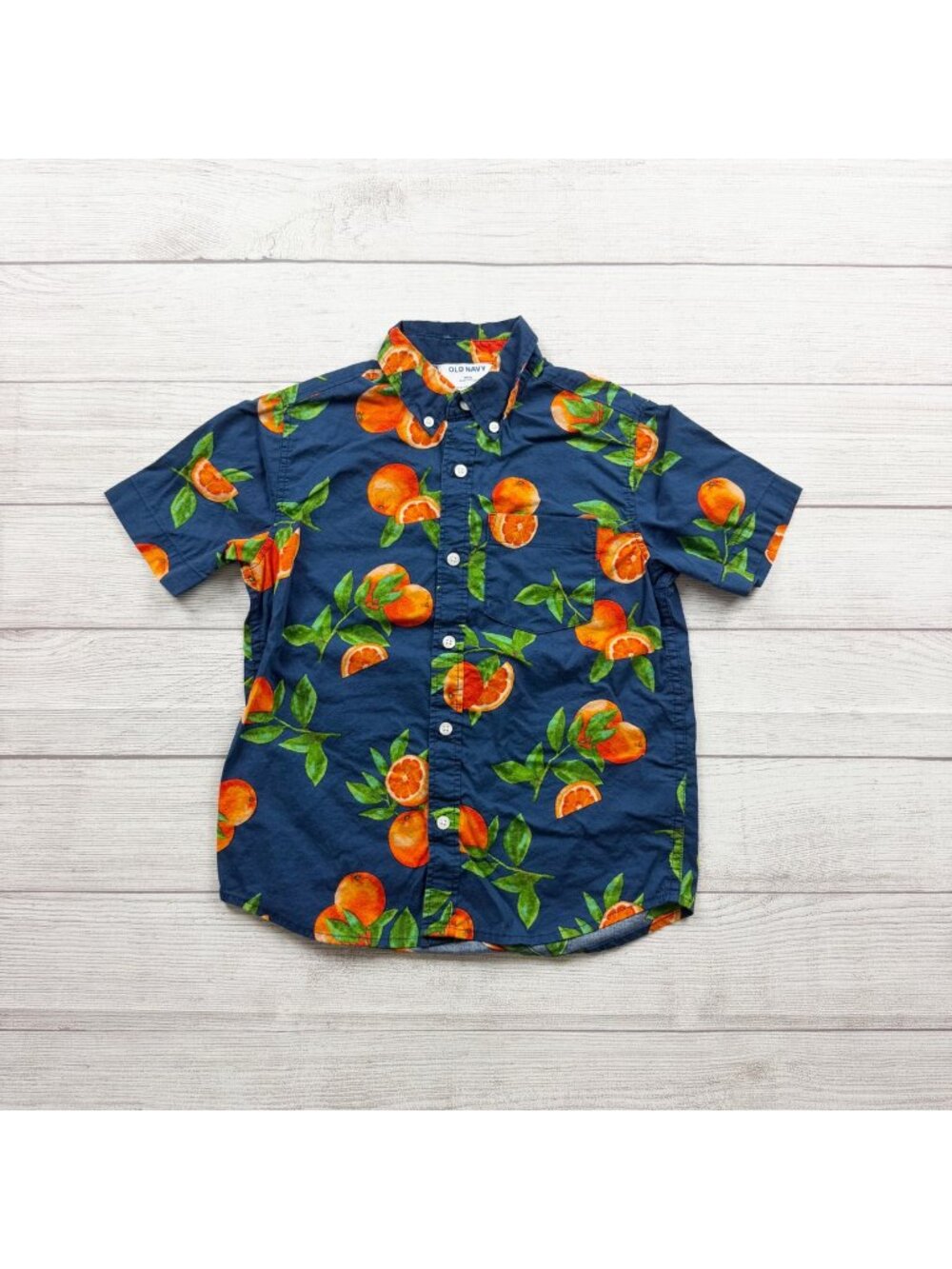 Old Navy Boys Button Up Tropical Orange Fruit Print Short Sleeve Shirt M 8
